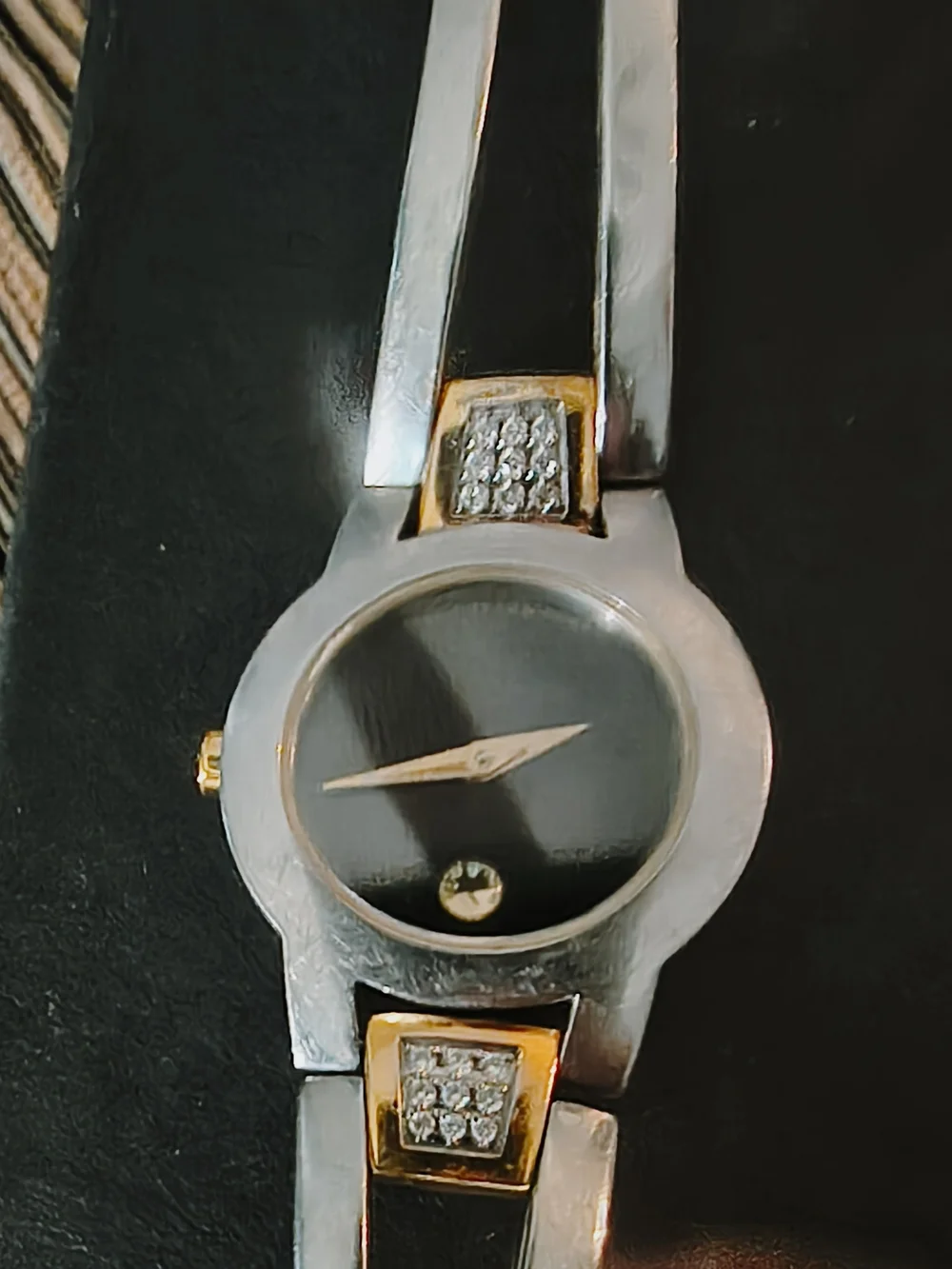 Movado Two-Tone Black Dial Womens Bracelet Watch with Gold Accents